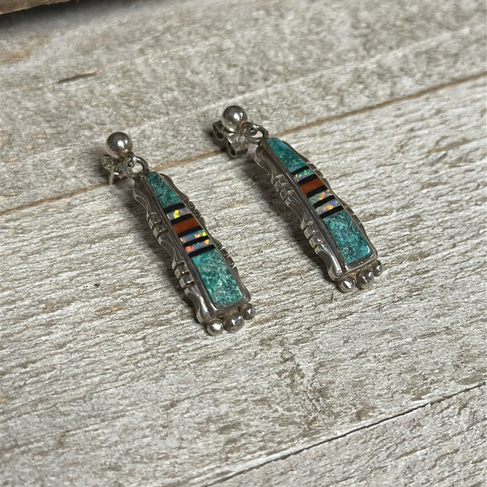 Ervin Tsosie great shape micro inlay turquoise Kyocera opal sterling earrings - Picture 6 of 8